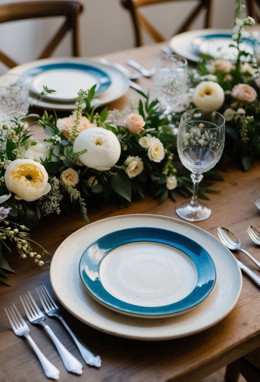 A table set with handmade ceramic plates, adorned with delicate floral arrangements, creates an elegant and charming wedding decoration