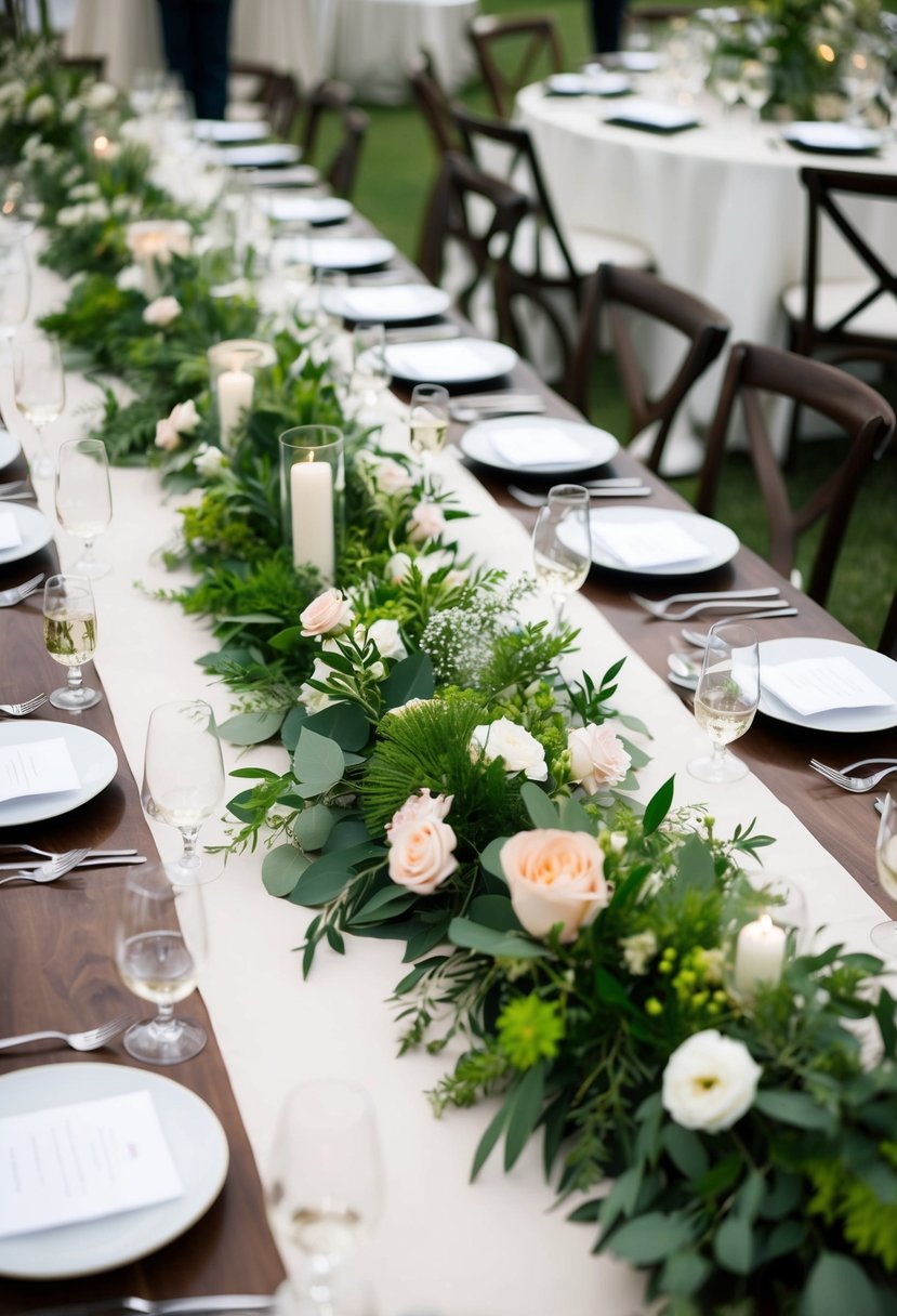 Lush greenery and floral table runners overlap on wedding tables, with creative centrepiece ideas adding a touch of elegance and charm