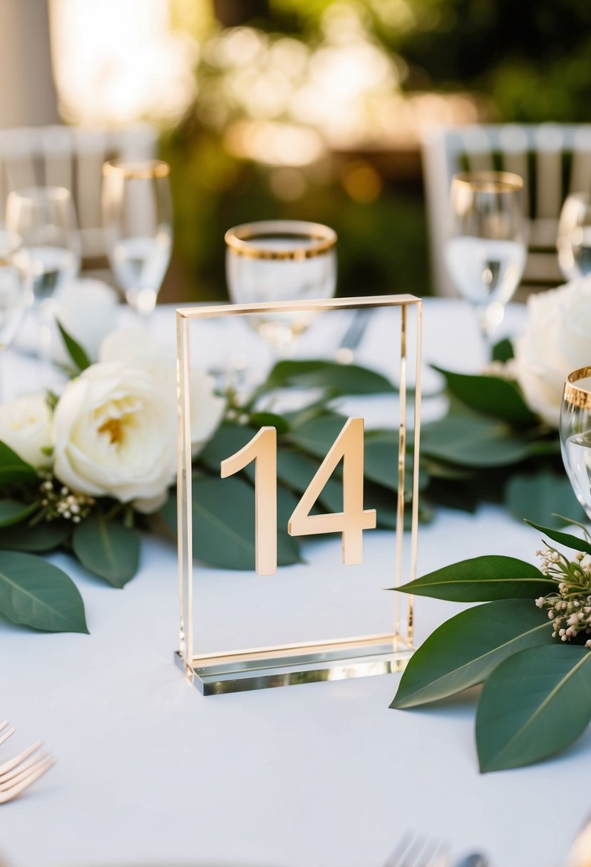 Acrylic table numbers with gold accents arranged along a wedding table