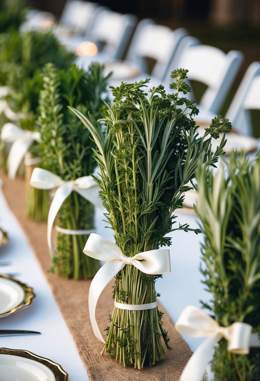 Herb bundles tied with satin ribbon adorn a long wedding table