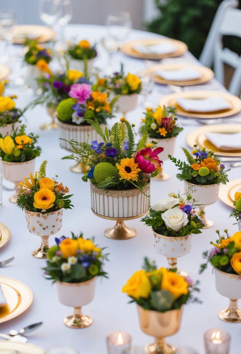 A table adorned with various mini compotes filled with colorful flowers and greenery, creating a whimsical and elegant centerpiece for a wedding