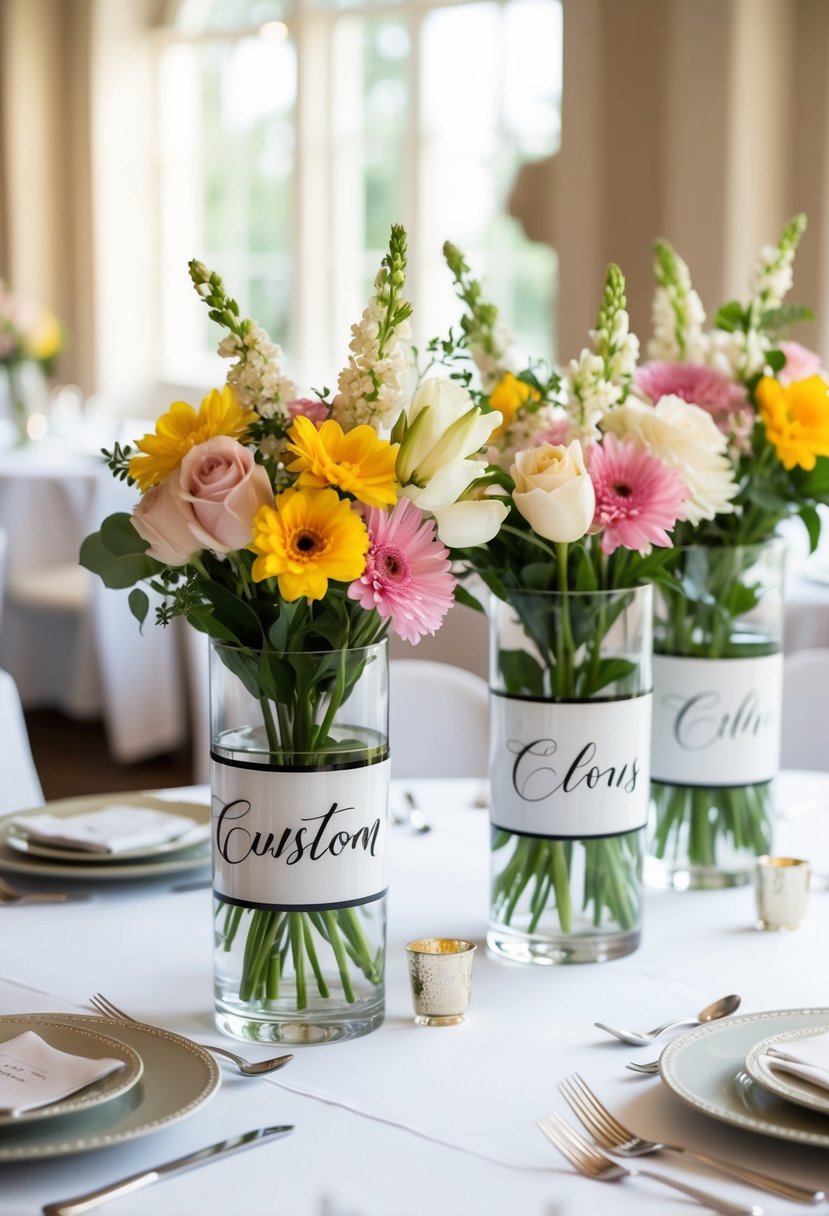 Custom printed vinyl clings adorn clear vases filled with flowers, set on white tablecloths with elegant place settings