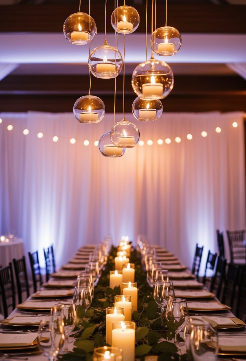 Glass orbs with tea lights hang above a long wedding table, casting a warm and romantic glow