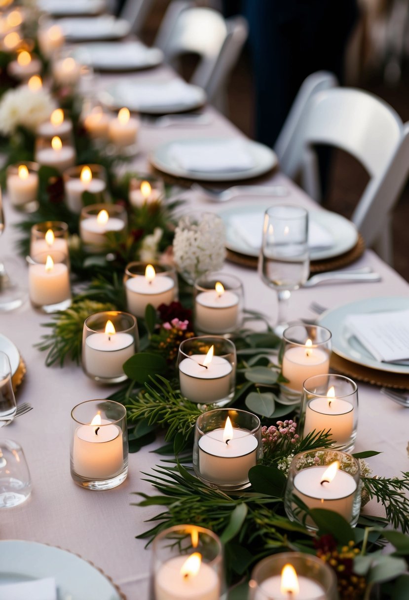 Tea lights arranged in clusters with floral and greenery accents on wedding tables