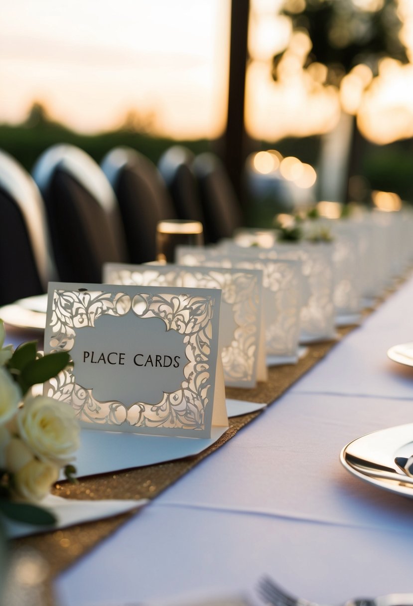 Laser-cut place cards arranged along a decorated wedding table