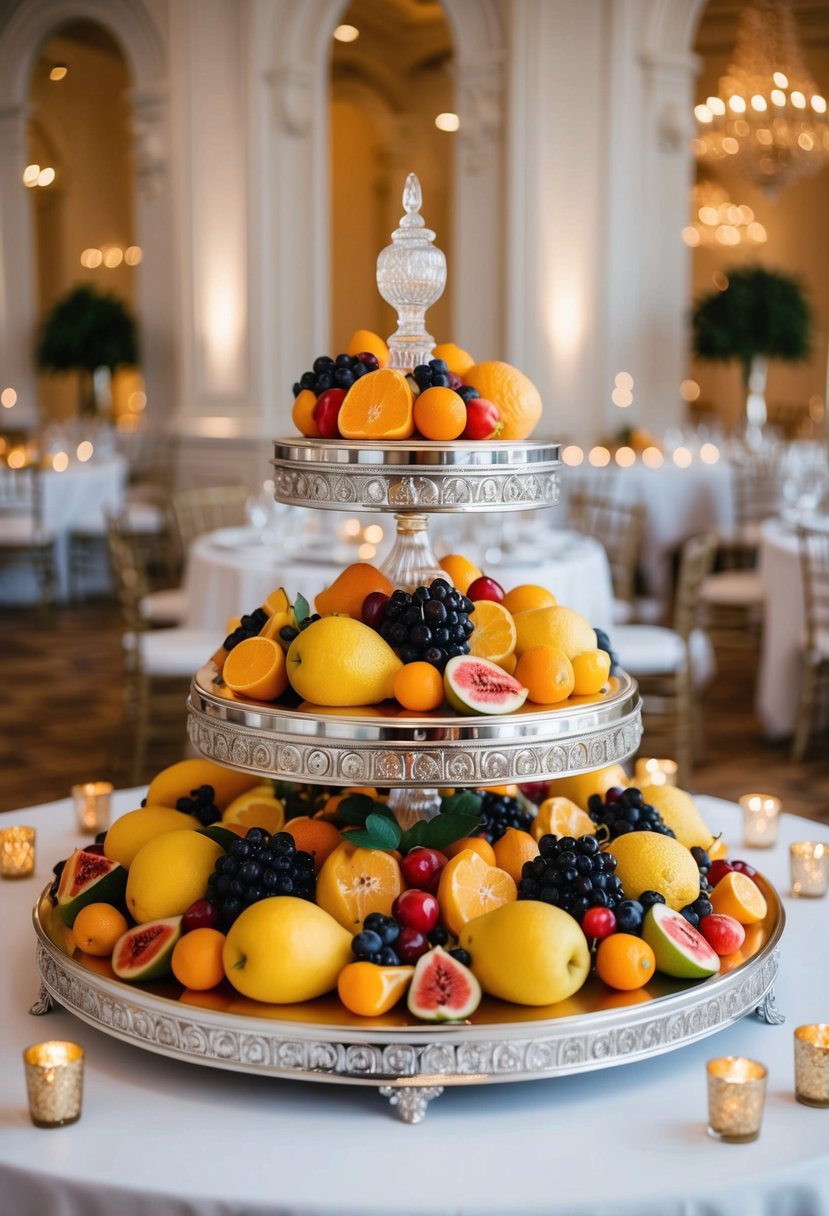 A lavish fruit display with ornate decor and creative centrepiece ideas for wedding tables