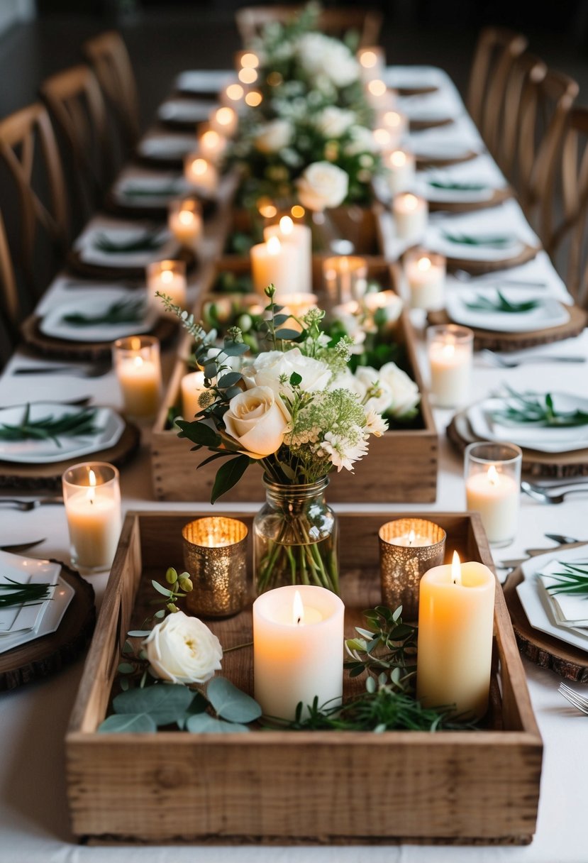 A collection of rustic wooden trays filled with flowers, candles, and greenery, arranged as creative centerpieces for wedding tables