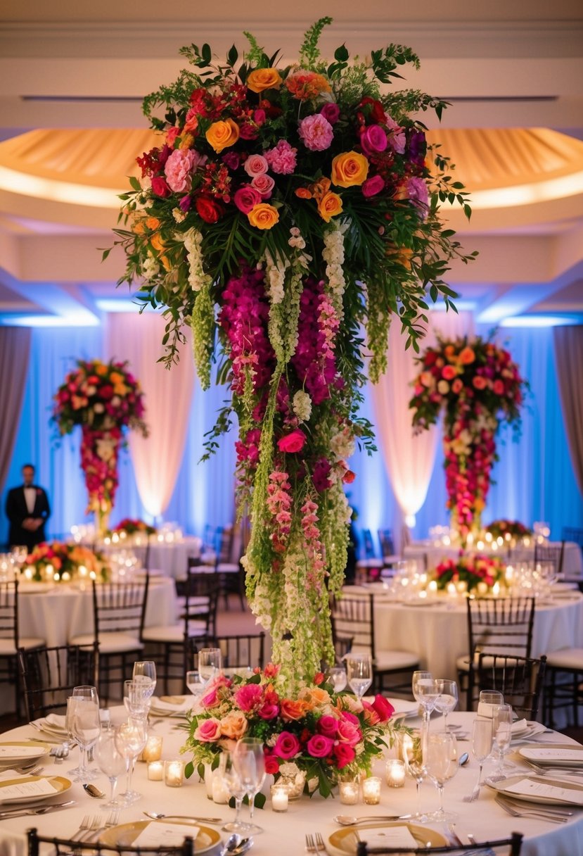 Vibrant floral cascades adorn wedding tables, a grand and creative centerpiece