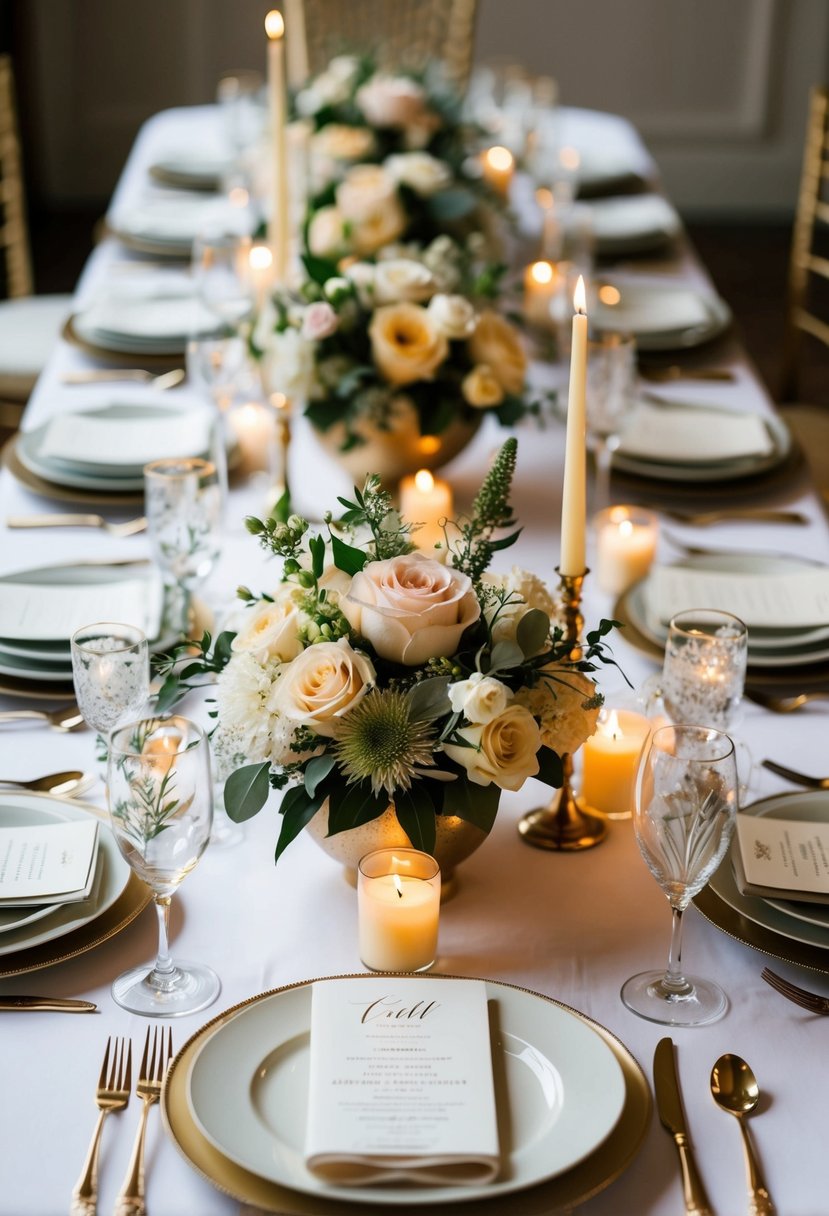 A table adorned with floral centerpieces, candles, and elegant place settings for a wedding ceremony