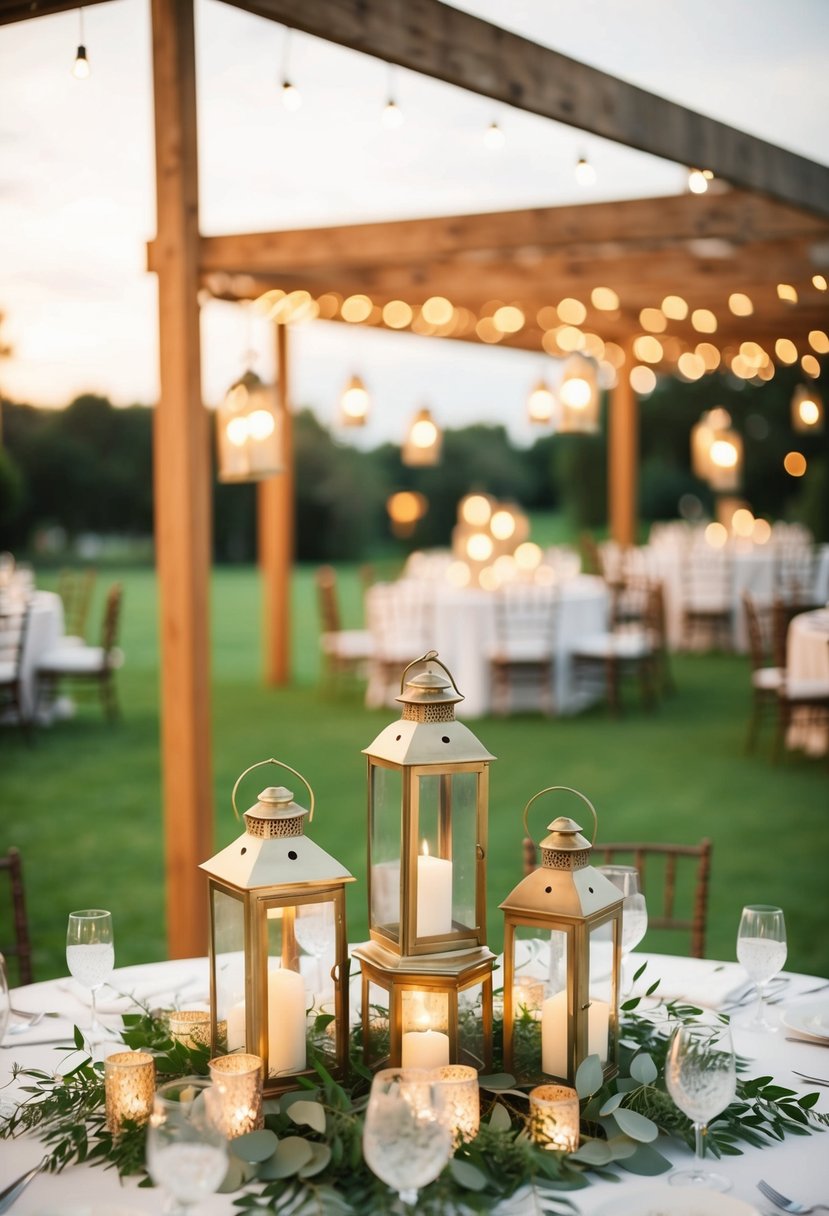 A cluster of vintage lanterns arranged as a centrepiece on a wedding table