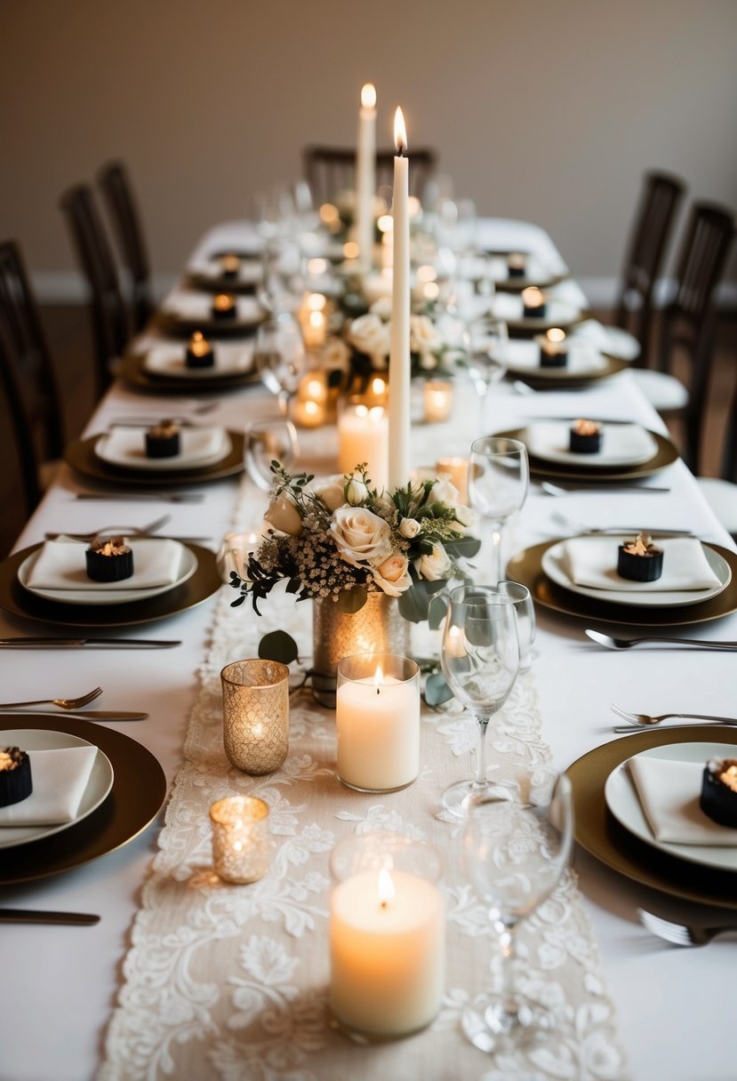 An elegant table runner adorned with candles and a creative centerpiece, perfect for wedding tables