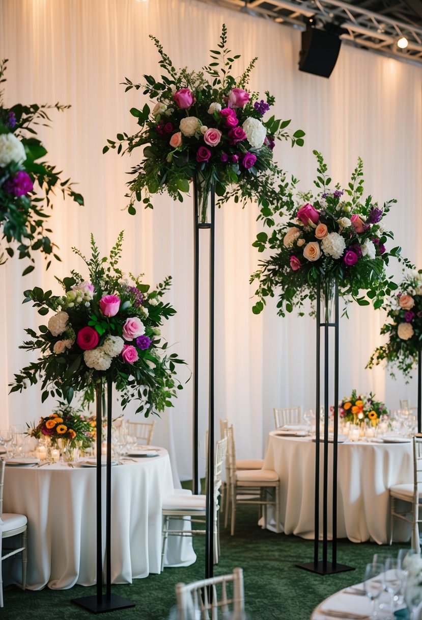 Tall floral stands create a dramatic effect for a wedding table decoration, with lush greenery and vibrant flowers