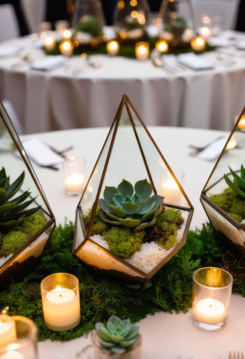 Geometric terrariums arranged as wedding table centerpieces, filled with succulents and moss, surrounded by flickering tea lights