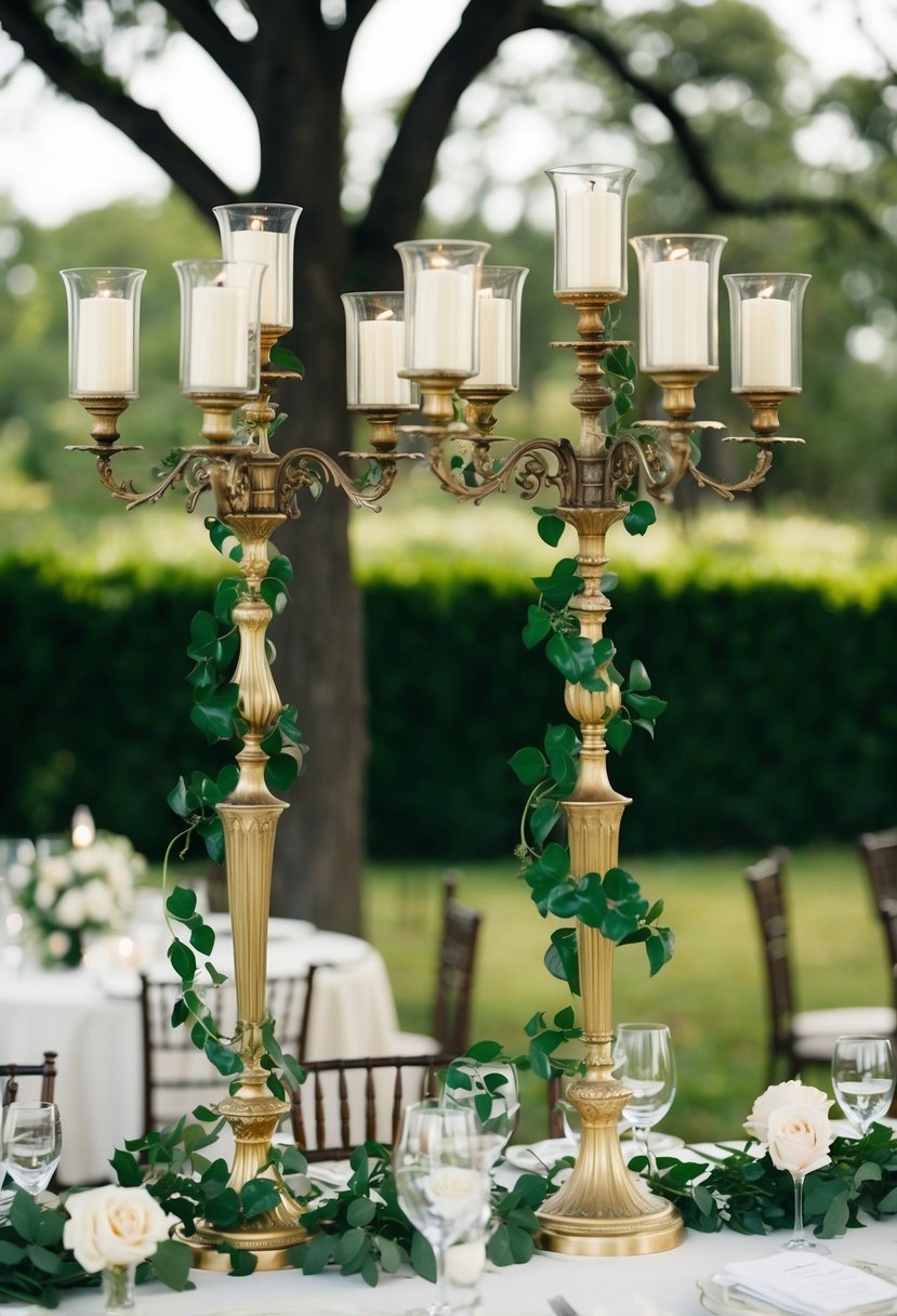 Vintage candelabras entwined with dark green vines adorn a wedding table