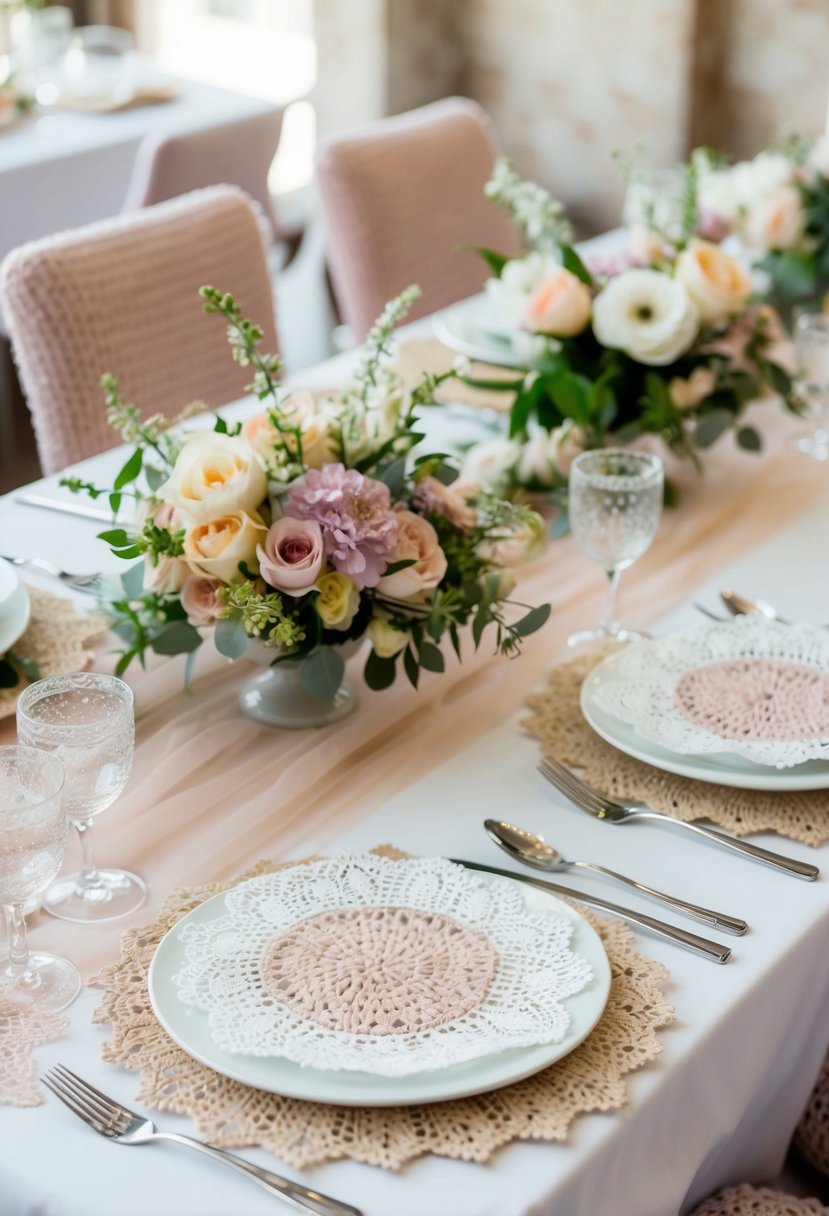 A table adorned with knitted wedding decorations: lace doilies, floral centerpieces, and cozy chair covers in soft, pastel colors