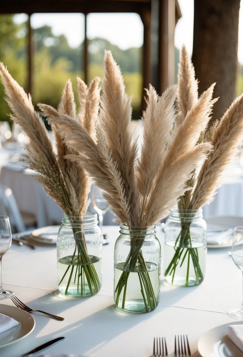 Pampas grass arranged in glass jars on a wedding table