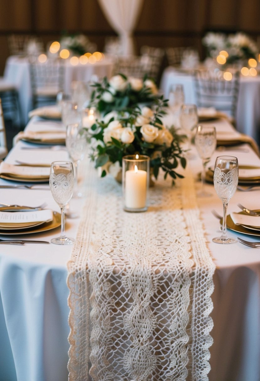 A table set with hand-knitted table runners in a wedding reception, adorned with delicate lace and intricate patterns