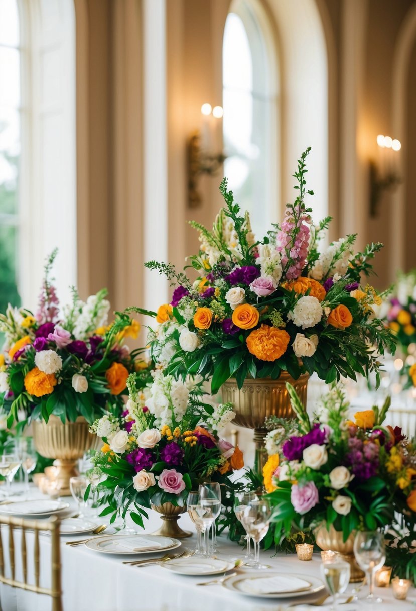 A table adorned with overflowing compotes of vibrant flowers for a lush and elegant wedding ceremony