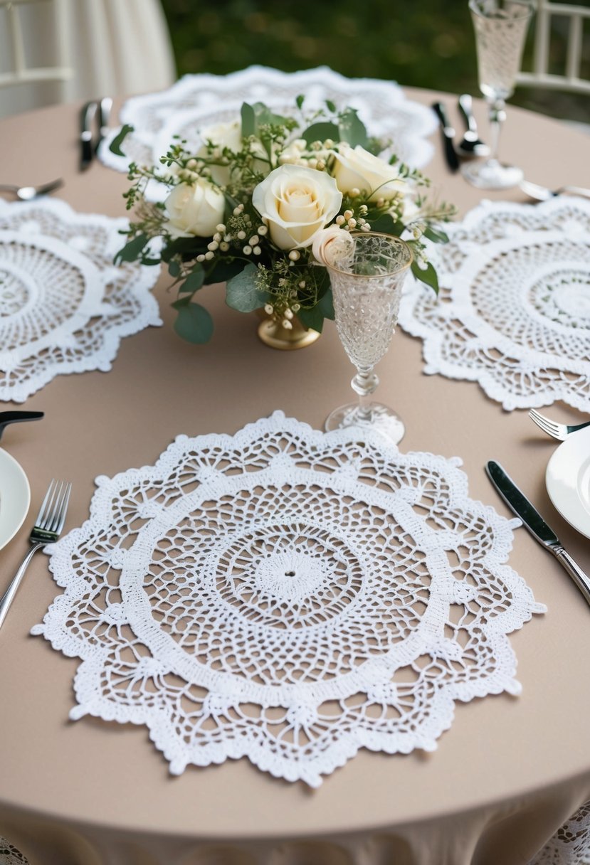 A table adorned with delicate crochet lace doilies, creating an elegant wedding decoration