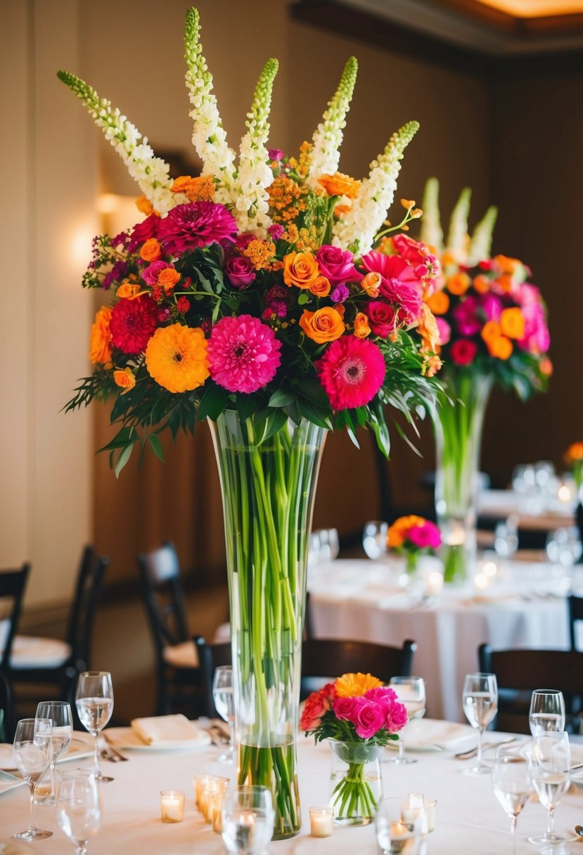 Vibrant blooms fill tall vases as table centerpieces for a wedding ceremony