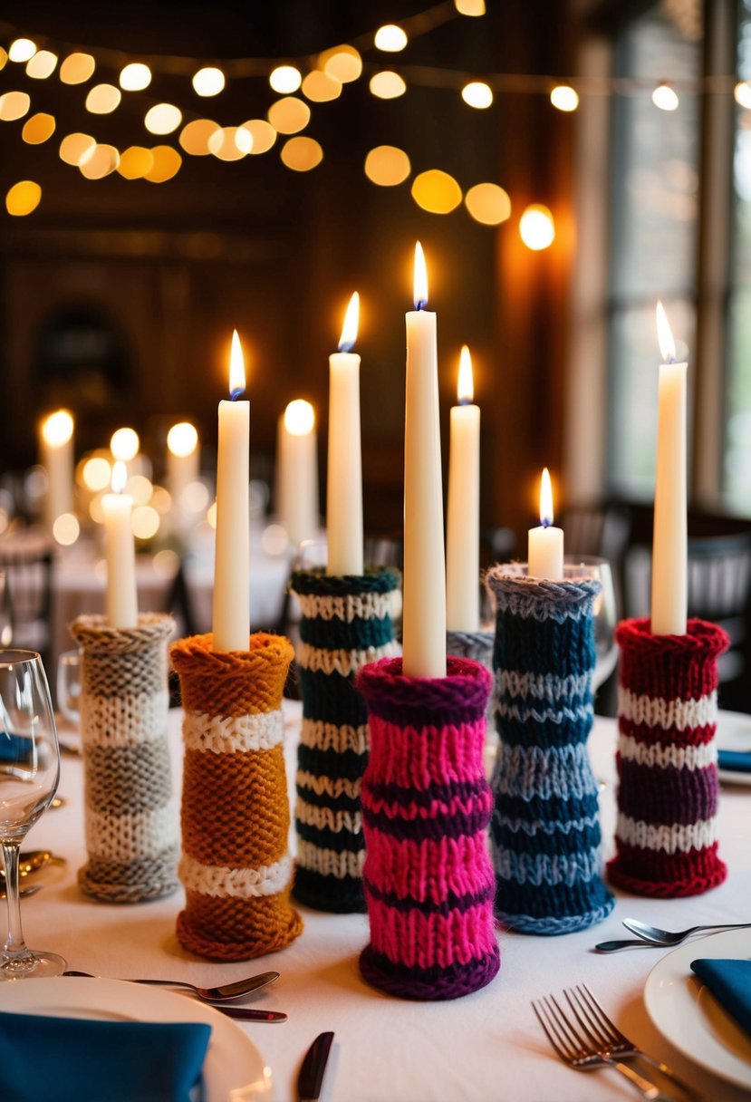 Yarn-wrapped candle holders adorn a wedding table, knitted in various colors and patterns, creating a cozy and charming atmosphere