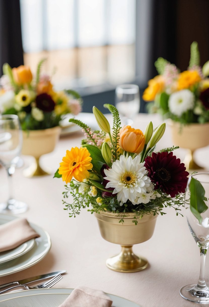 Mini compotes filled with seasonal flowers adorn a wedding table, creating a charming and elegant centerpiece