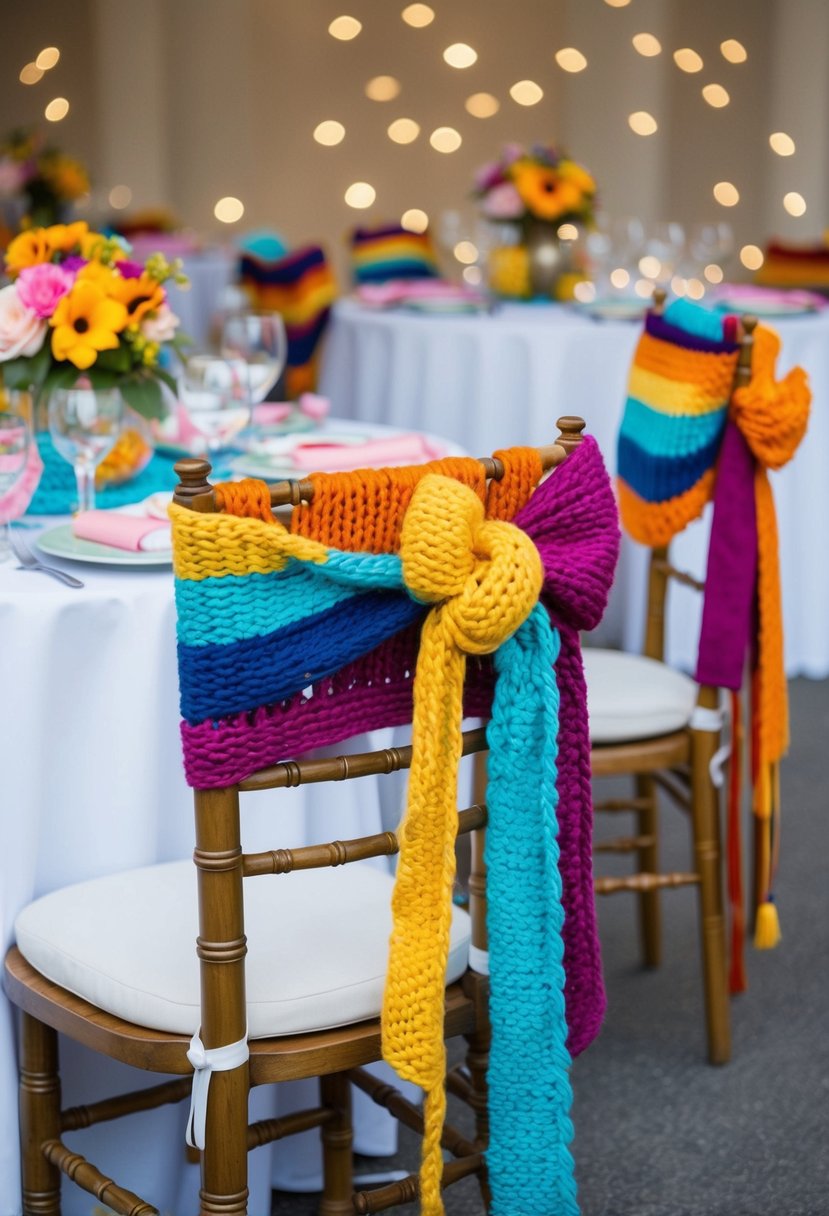 Colorful knitted chair sashes draped over wooden chairs, matching knitted table decorations with flowers and ribbons