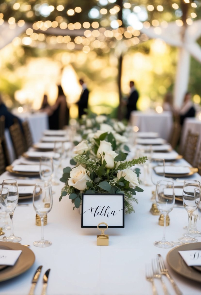 A beautifully set wedding table with personalized place cards for each guest, adding an elegant touch to the ceremony decoration