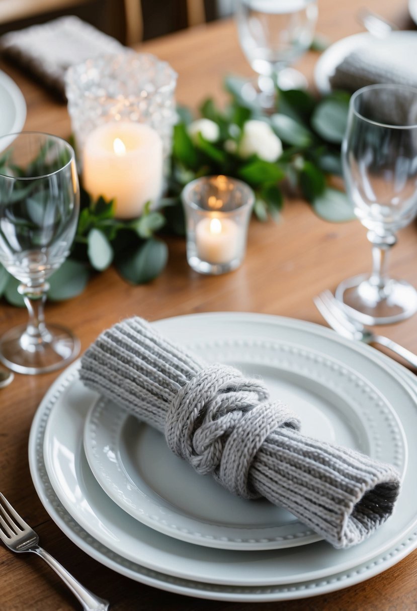 A table set with cable-knit napkin rings and matching knitted wedding table decorations