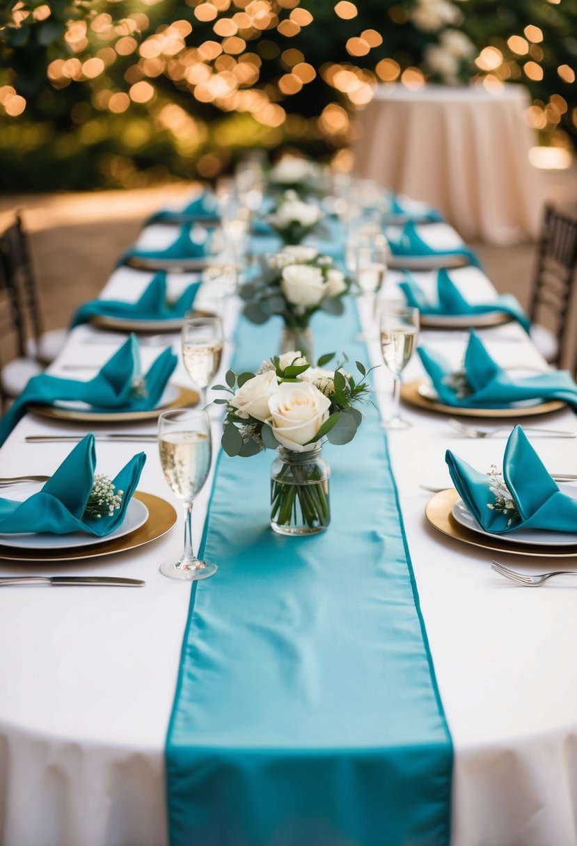 Elegant runners and matching napkins adorn a wedding table