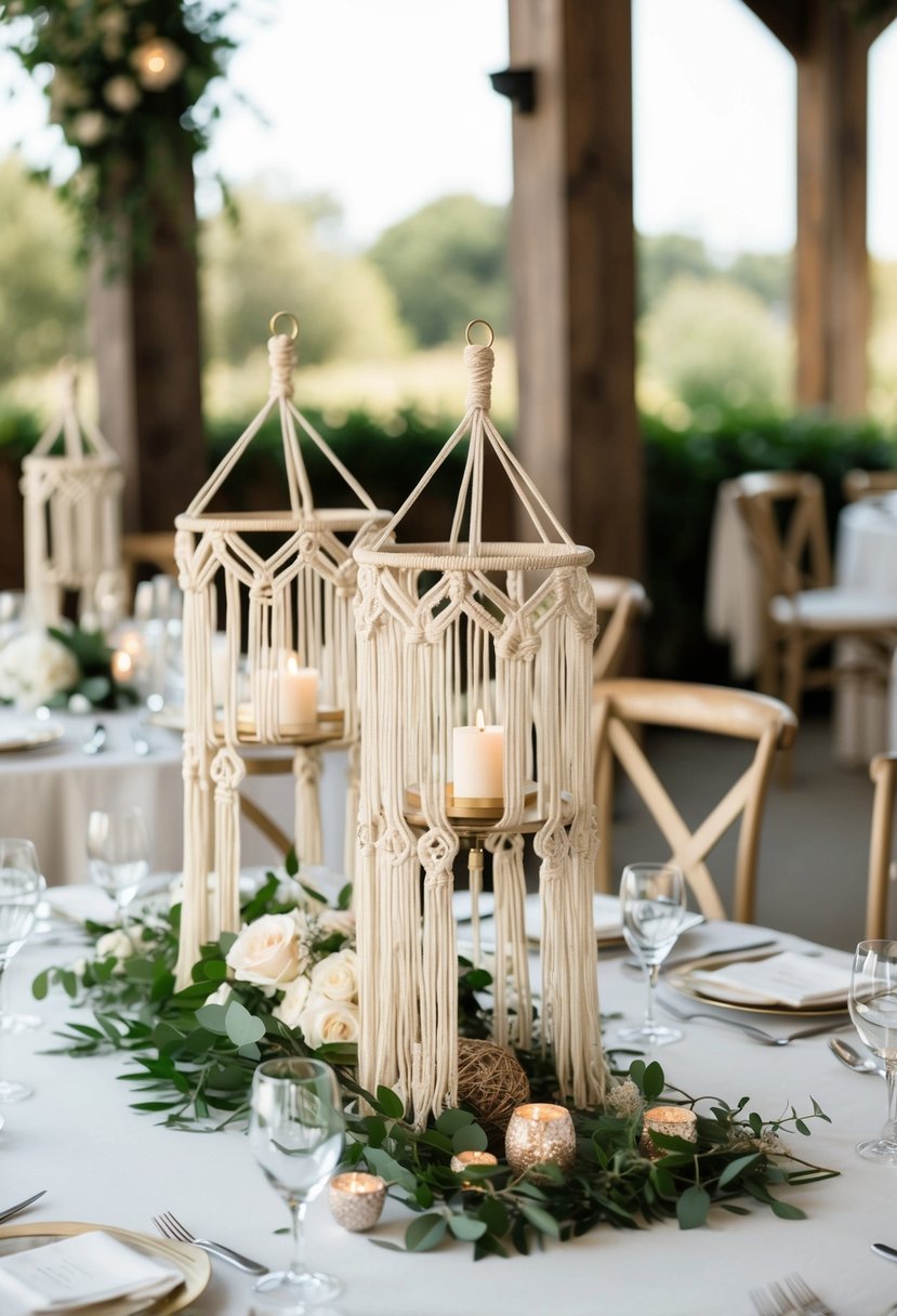 A wedding table adorned with intricate macramé centerpieces in natural tones, adding a touch of elegance and craftsmanship to the decor