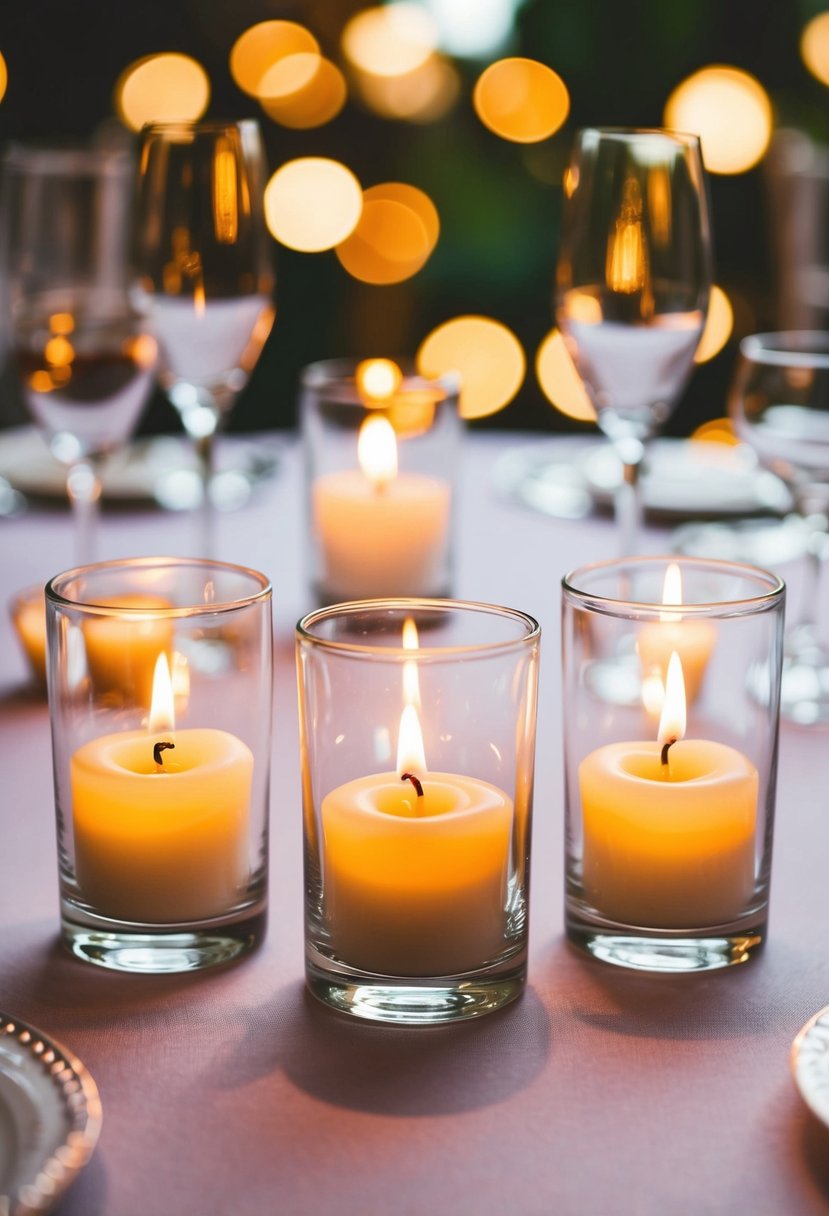 Three glass votives hold flickering candles, casting a warm glow on a wedding table