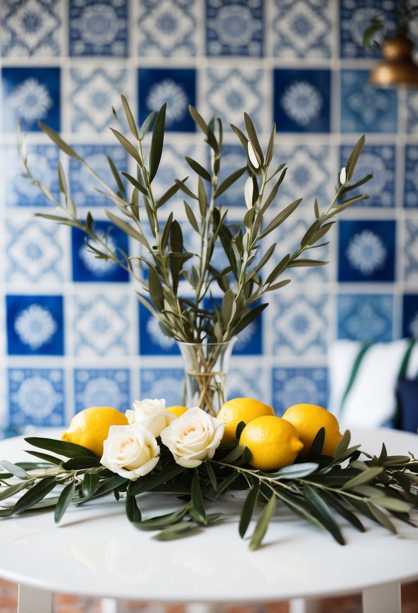 A table adorned with olive branches, lemons, and white roses, set against a backdrop of blue and white Mediterranean tiles