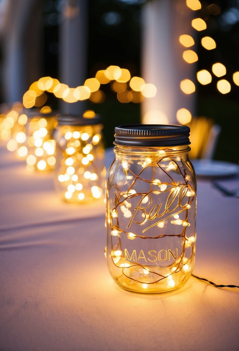 Mason jars filled with twinkling fairy lights illuminate a wedding reception table