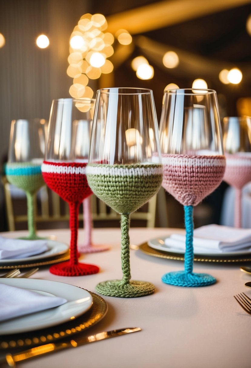 A table adorned with hand-knit wine glass charms in wedding colors