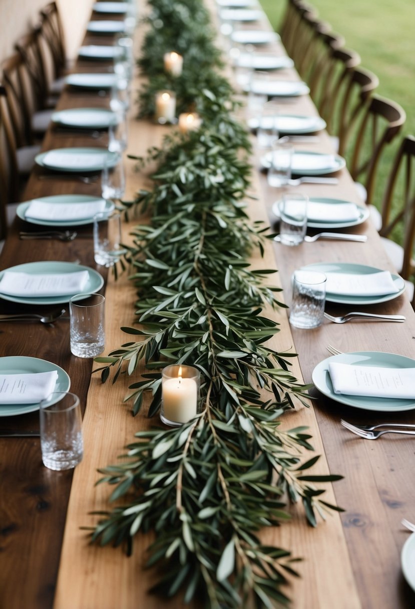 Olive branches draped across long wooden tables at a Mediterranean wedding, creating a natural and elegant table runner decoration