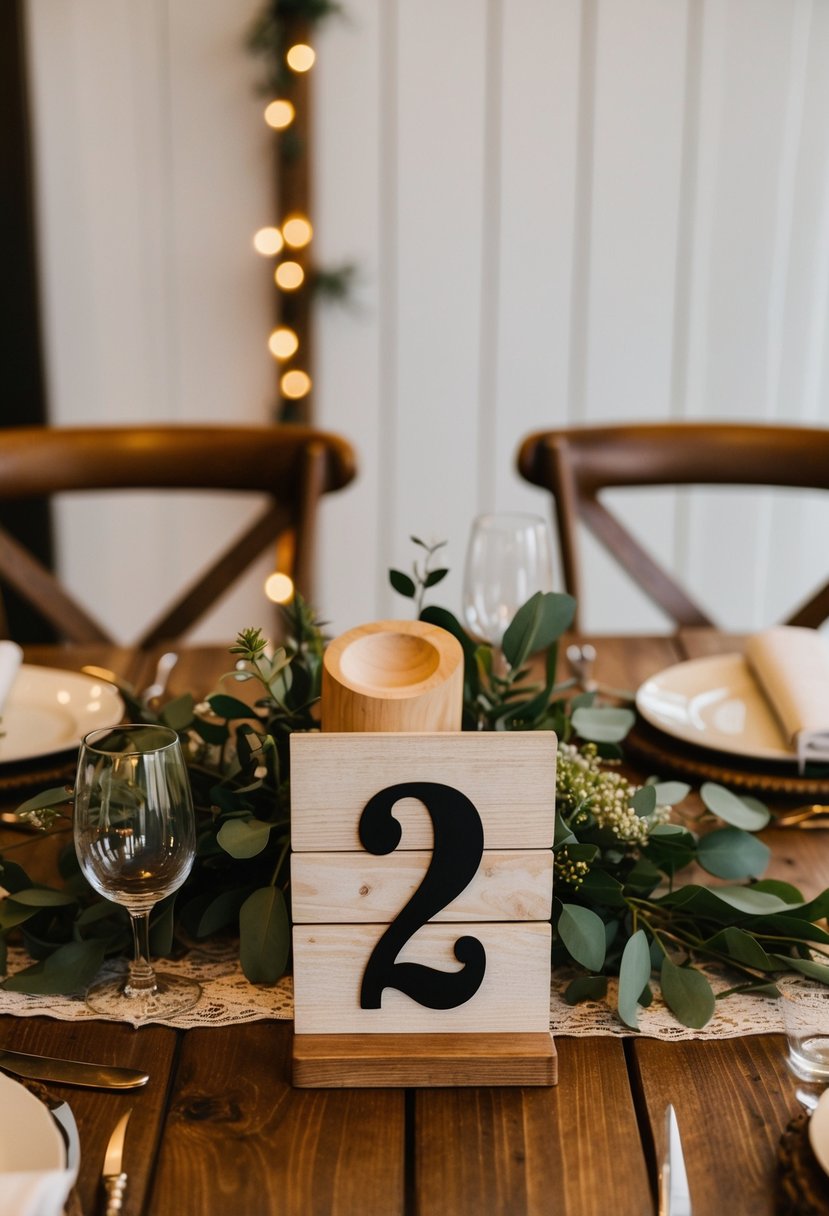 A wooden table with rustic numbers for a wedding ceremony