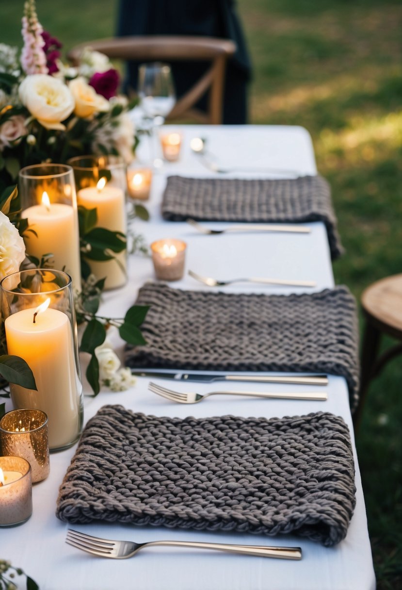 Rustic knitted placemats arranged on a wedding table with blooming flowers and flickering candles