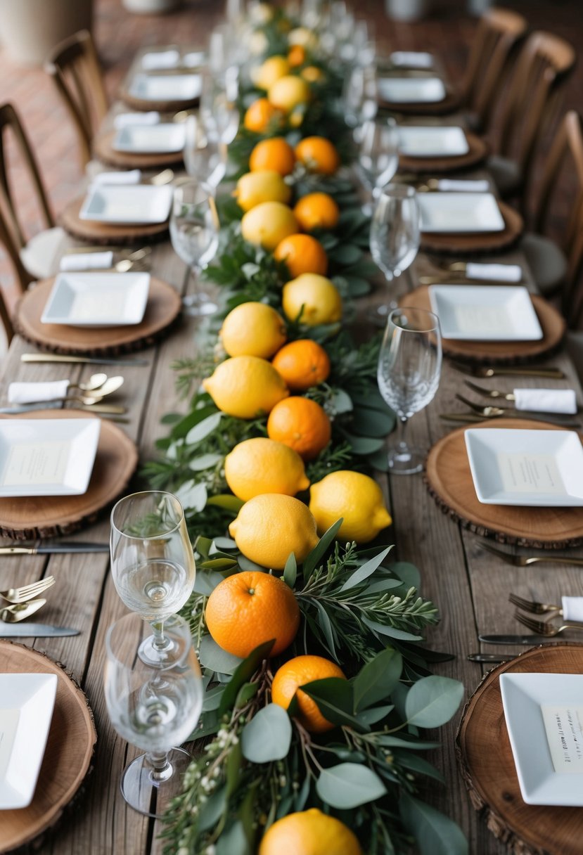 A rustic wooden table adorned with lemons, oranges, and greenery centerpiece for a Mediterranean wedding