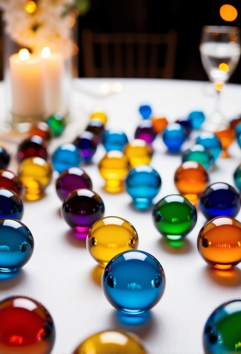 Colorful glass marbles scattered on a table, catching the light, for a wedding ceremony decoration idea