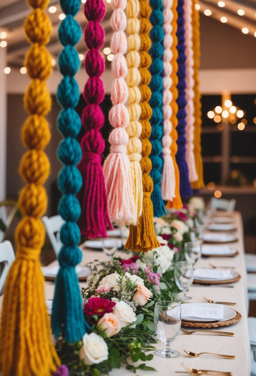 Colorful yarn tassel garlands draped across a knitted wedding table, adding a festive and cozy touch to the decor