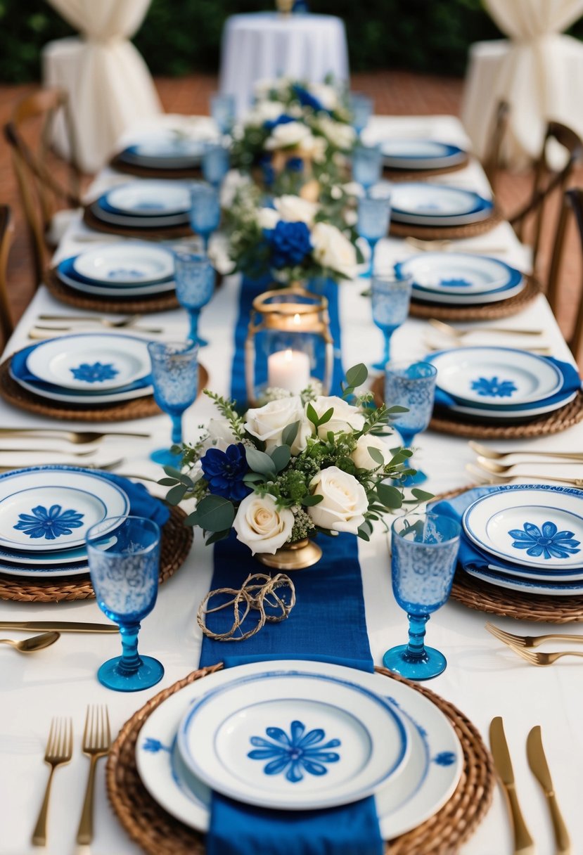 A table adorned with blue and white ceramic plates, surrounded by Mediterranean wedding decor