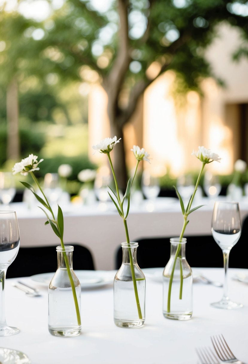 A table set with short bud vases, each holding a single stem, creating a simple and elegant wedding ceremony decoration