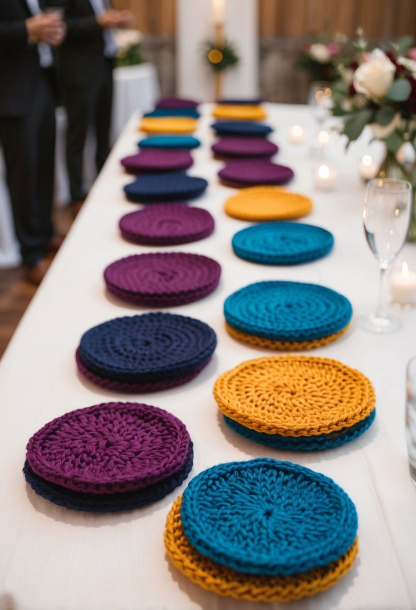 Colorful knitted coasters arranged on a wedding reception table, adding a cozy and handmade touch to the decor