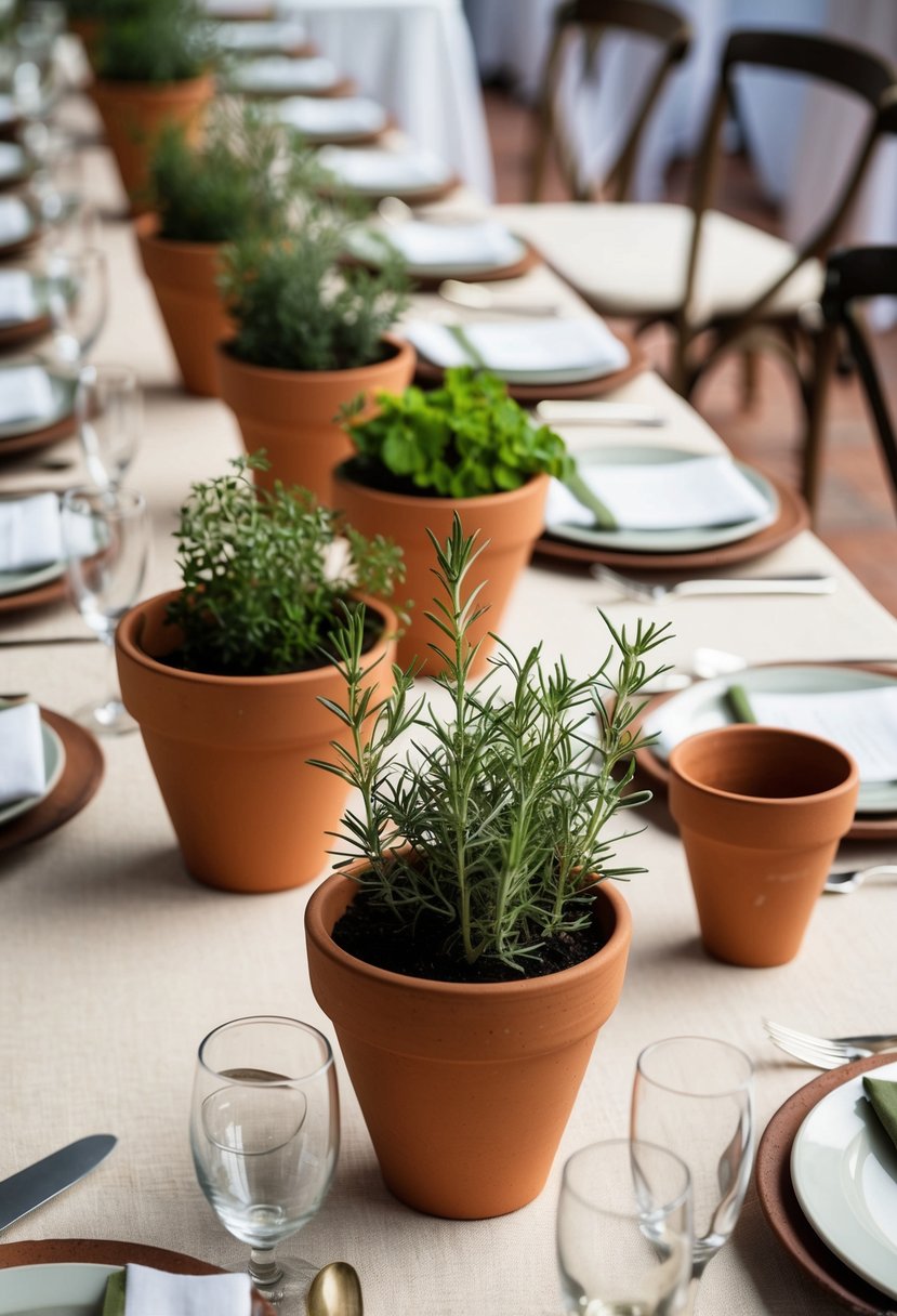 Terracotta pots with herbs arranged as centerpieces on Mediterranean wedding tables