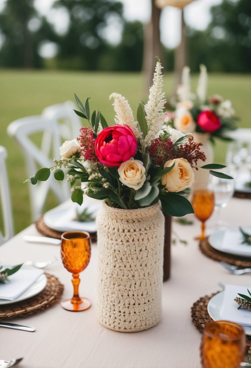 A table adorned with handmade crochet floral decorations for a wedding celebration