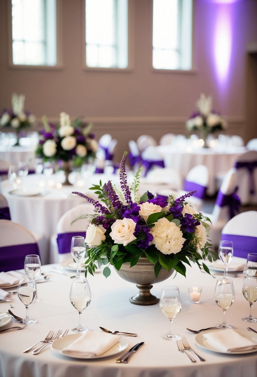 A white table adorned with elegant centerpieces featuring purple accents for a wedding ceremony