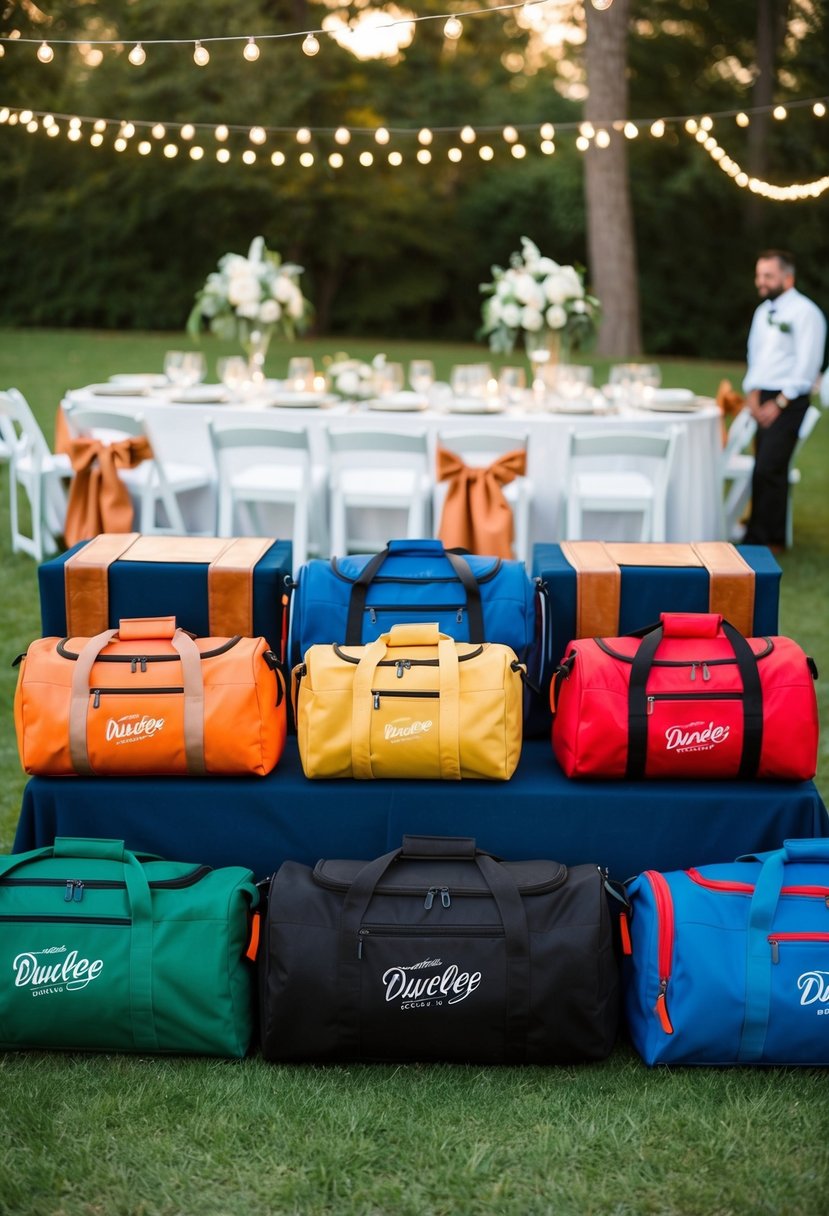 Custom duffel bags arranged as wedding table decor