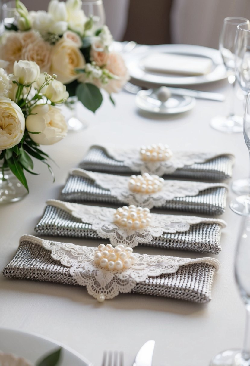 Silverware pouches knit in silver thread, adorned with lace and pearls, arranged on a wedding table with delicate floral centerpieces