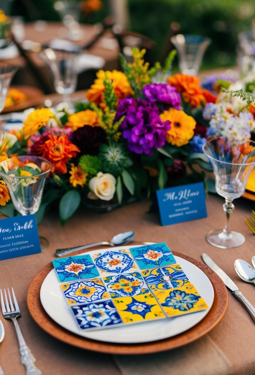 Vibrant Spanish tile-inspired place cards arranged on a Mediterranean-themed wedding table, surrounded by colorful floral centerpieces and rustic tableware